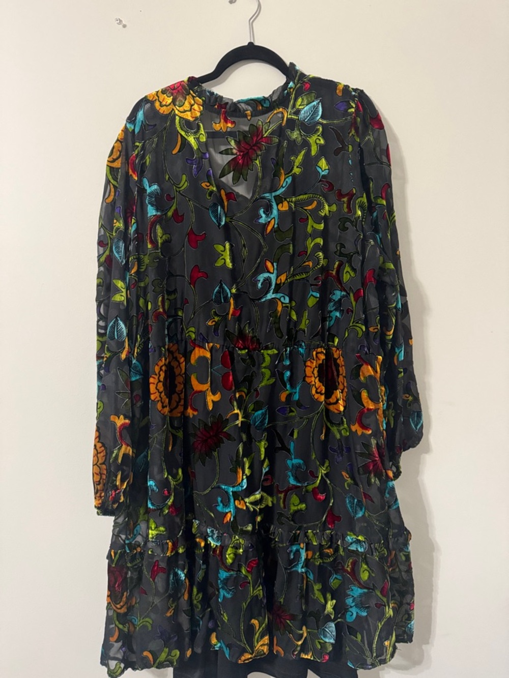 Cato Black Floral Velvet Burnout Dress with Multicolor Embroidery